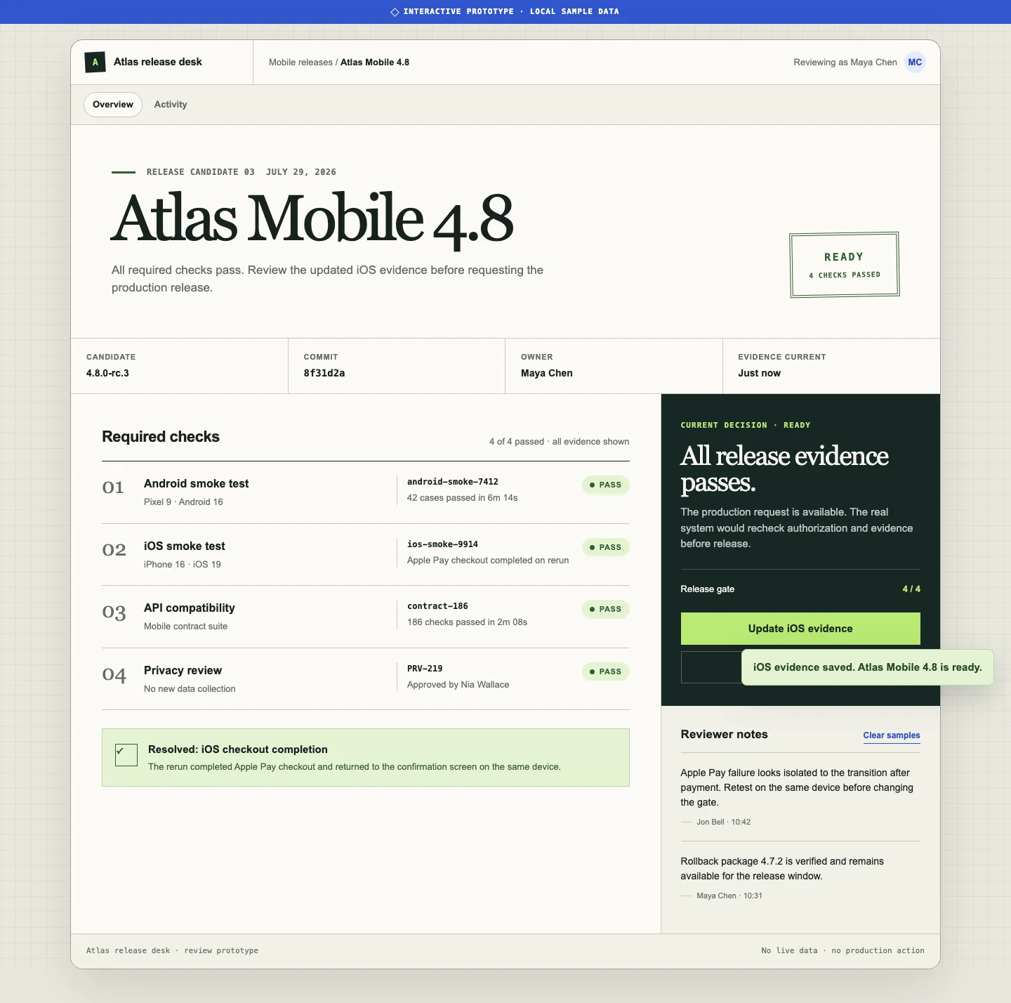 html-prototype が生成したリリース可否判断のプロトタイプ画面