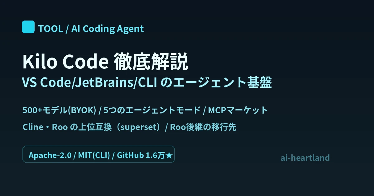 Kilo Code：VS Code/JetBrains/CLIをエージェント開発基盤に変えるOSS。500+モデル・5モード・MCP
