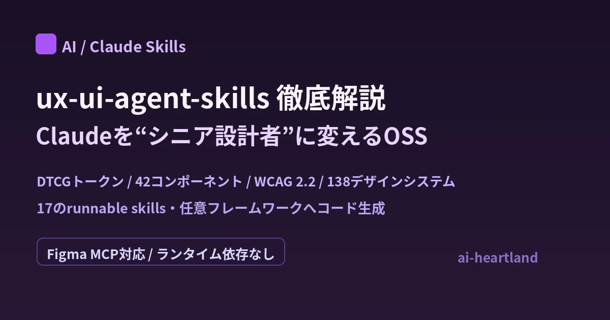 ux-ui-agent-skills：Claudeをシニア設計者に変えるOSSスキル集。DTCGトークン・42コンポーネント・WCAG 2.2・138デザインシステム