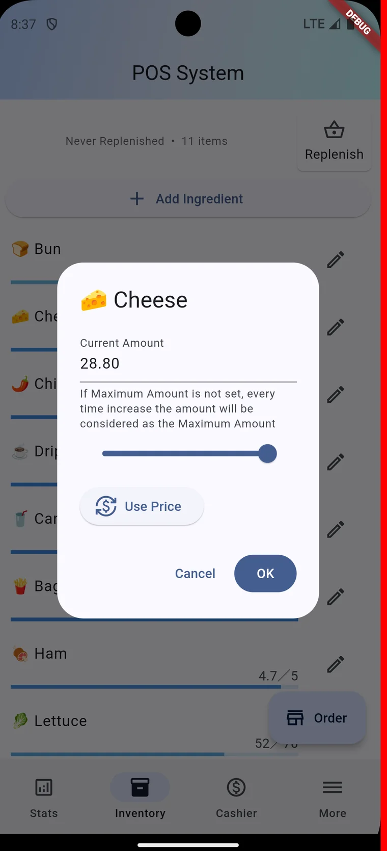 flutter-pos-systemの在庫画面。食材ごとの残量リストと、Cheeseの現在量を編集するダイアログ