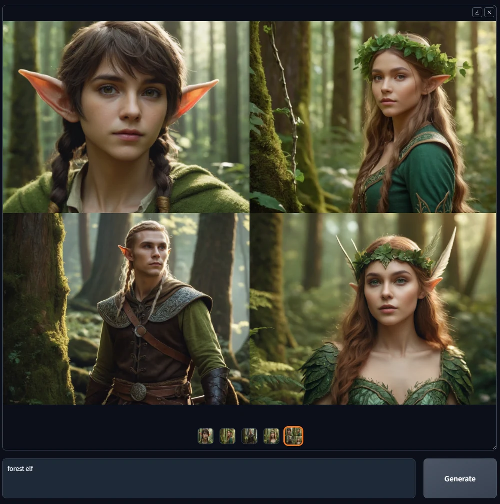 Fooocusの実際のUI。下部のプロンプト欄に「forest elf」と入力してGenerateを押すだけで、森のエルフの高品質な画像が一度に4枚生成されている