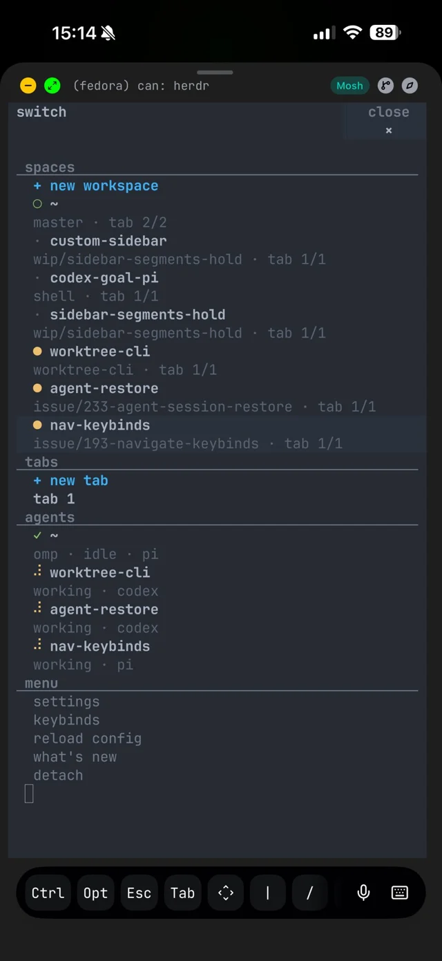 herdrのモバイル用『switch』オーバーレイ。spaces（ワークスペース一覧）・tabs・agentsが並び、各エージェントに idle/working の状態、下部に settings/keybinds/detach などのメニューが出ている