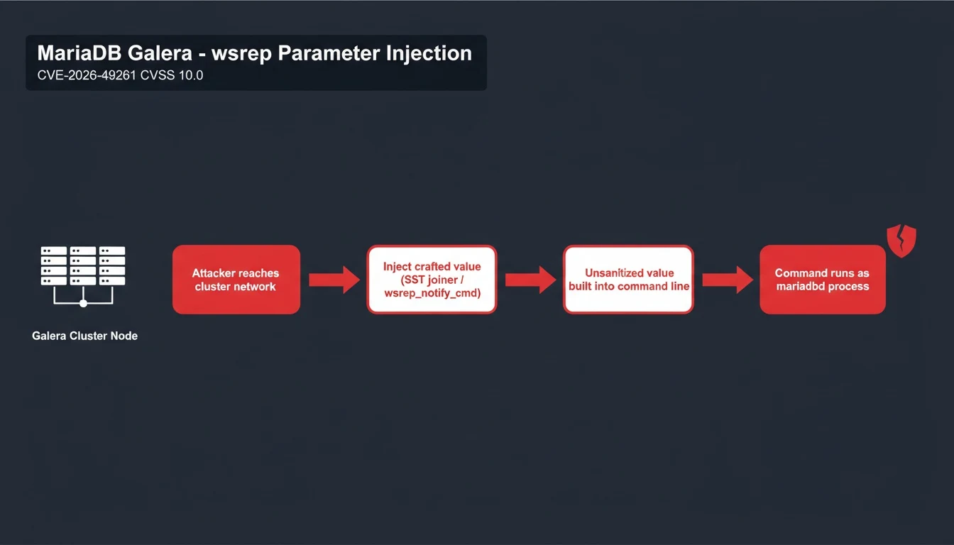MariaDB Galera Clusterのwsrep SSTパラメータインジェクション攻撃フロー：攻撃者がクラスタ通信経路に到達し、ジョイナー供給値やwsrep_notify_cmdの値として細工文字列を注入、検証を欠いたコマンド組み立てを経てmariadbdプロセス権限で任意コマンドが実行されるまでの4段階を示すインフォグラフィック