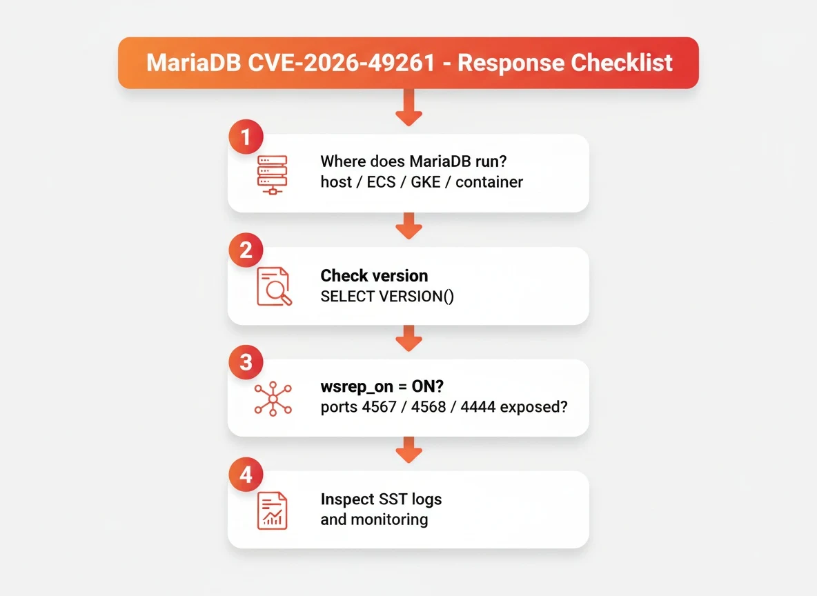 MariaDB CVE-2026-49261の対応確認4ステップ判定フロー：Step1で利用有無とホスティング形態（自宅鯖・ECS・GKE・コンテナ）、Step2でバージョン確認、Step3でwsrep有効状態とクラスタ通信ポート公開状況、Step4でログ・監視確認へと進む意思決定の流れを示すインフォグラフィック