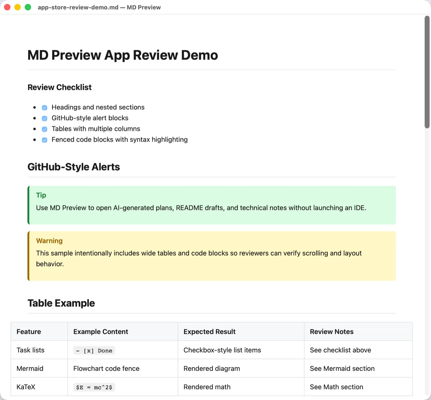MD Previewでローカルドキュメントを開き、GitHubスタイルのアラートやハイライト、テーブルが描画されている実際の画面