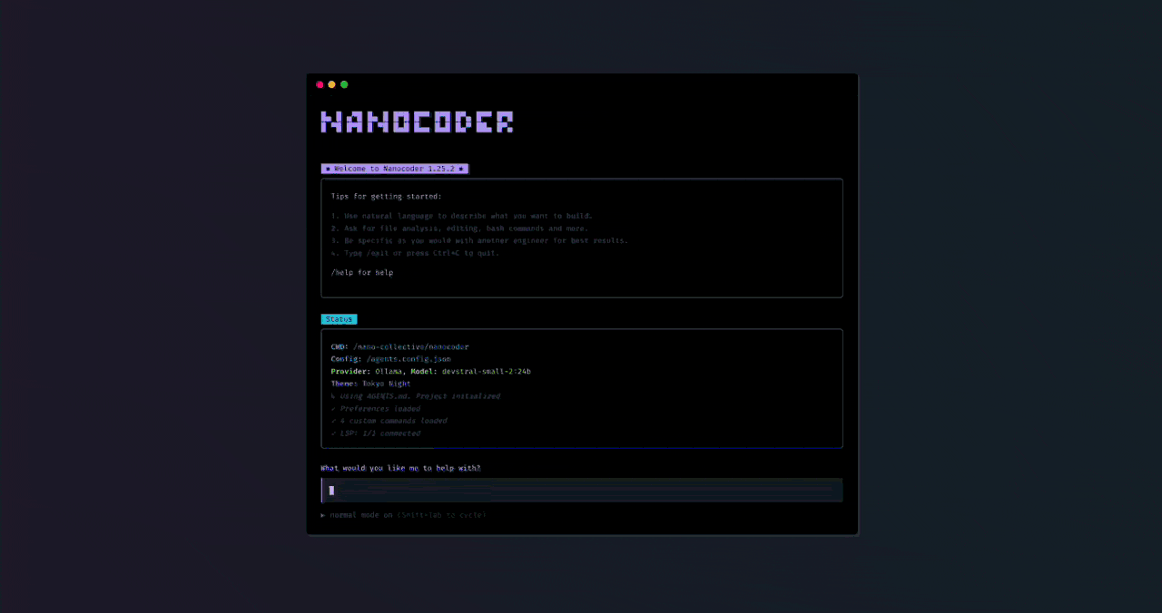 Nanocoderのターミナルデモ。プロンプトを入力するとエージェントがファイルを読み、ツールを呼び出しながらコードを編集していく様子