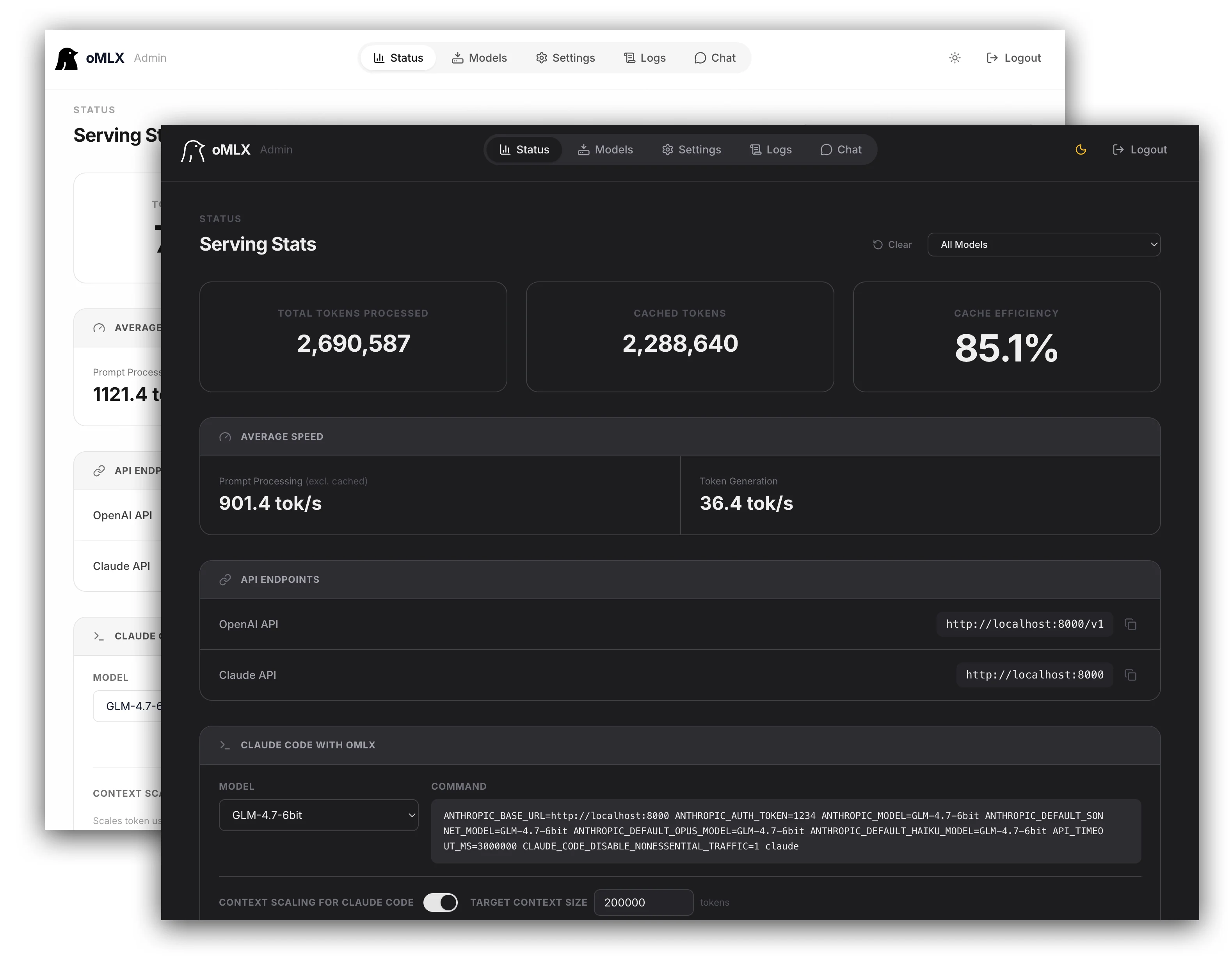 oMLXの管理ダッシュボード。ロード済みモデル・メモリ使用量・リクエスト状況をリアルタイムに表示し、モデルの起動/停止/ピン留めをブラウザから操作できる