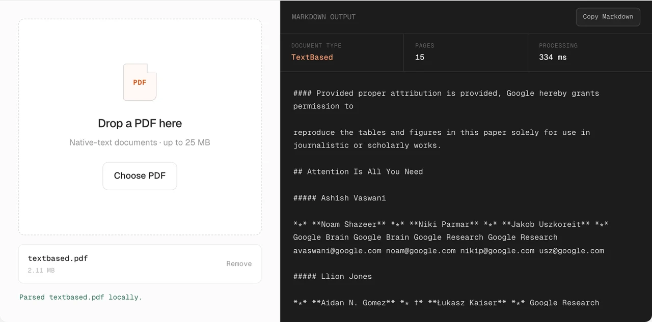 公式デモの結果パネル。DOCUMENT TYPE が TextBased、PAGES 15、PROCESSING 334 ms と表示され、右側に変換されたMarkdownが並んでいる