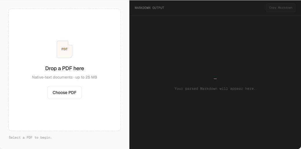 pdf-inspectorの公式デモサイトにPDFをドロップすると、ブラウザ内のWebAssemblyだけで文書種別・ページ数・処理時間・Markdownが表示される様子