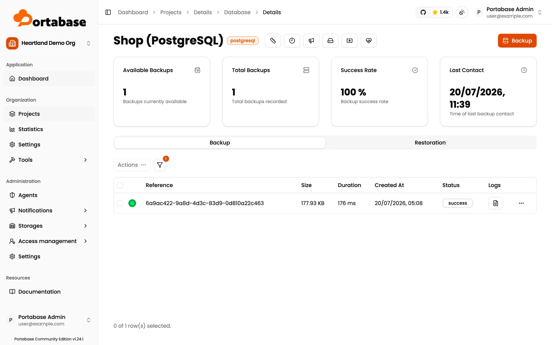 Portabaseのデータベース詳細画面。バックアップ1件が成功し、サイズ177.93KB・所要時間176ms・ステータスsuccessと表示されている