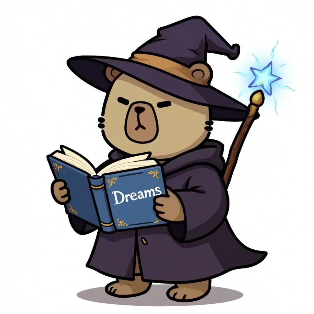 Qwen-Image-Editの生成例。魔法使いの帽子とローブを着たクマのキャラクターが「Dreams」と書かれた本を持つイラスト。本のタイトル文字が正確に描かれている