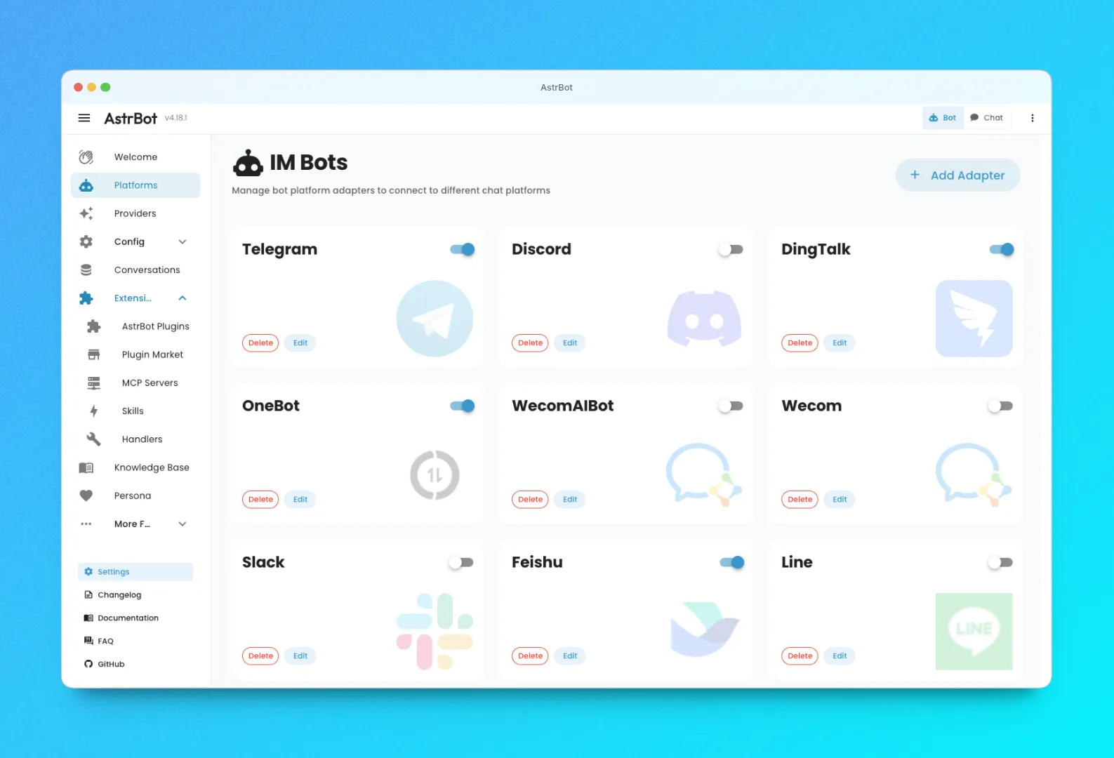AstrBot WebUIのIM Bots管理画面。Telegram・Discord・DingTalk・OneBot・Slack・Feishu・LINEなど複数プラットフォームのアダプタが並ぶ