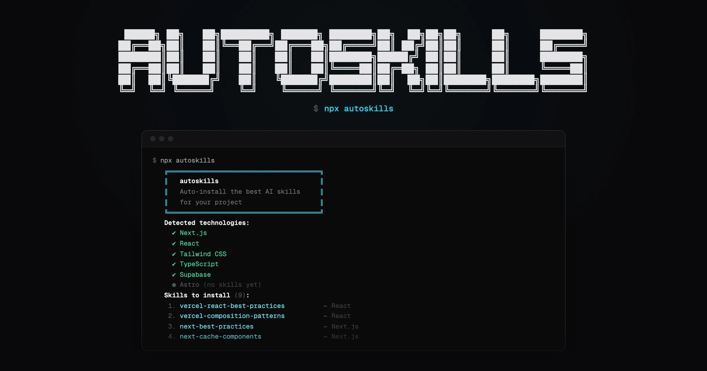 autoskills 公式サイト autoskills.sh のヒーロー画像。npx autoskills の一行が中央に据えられている