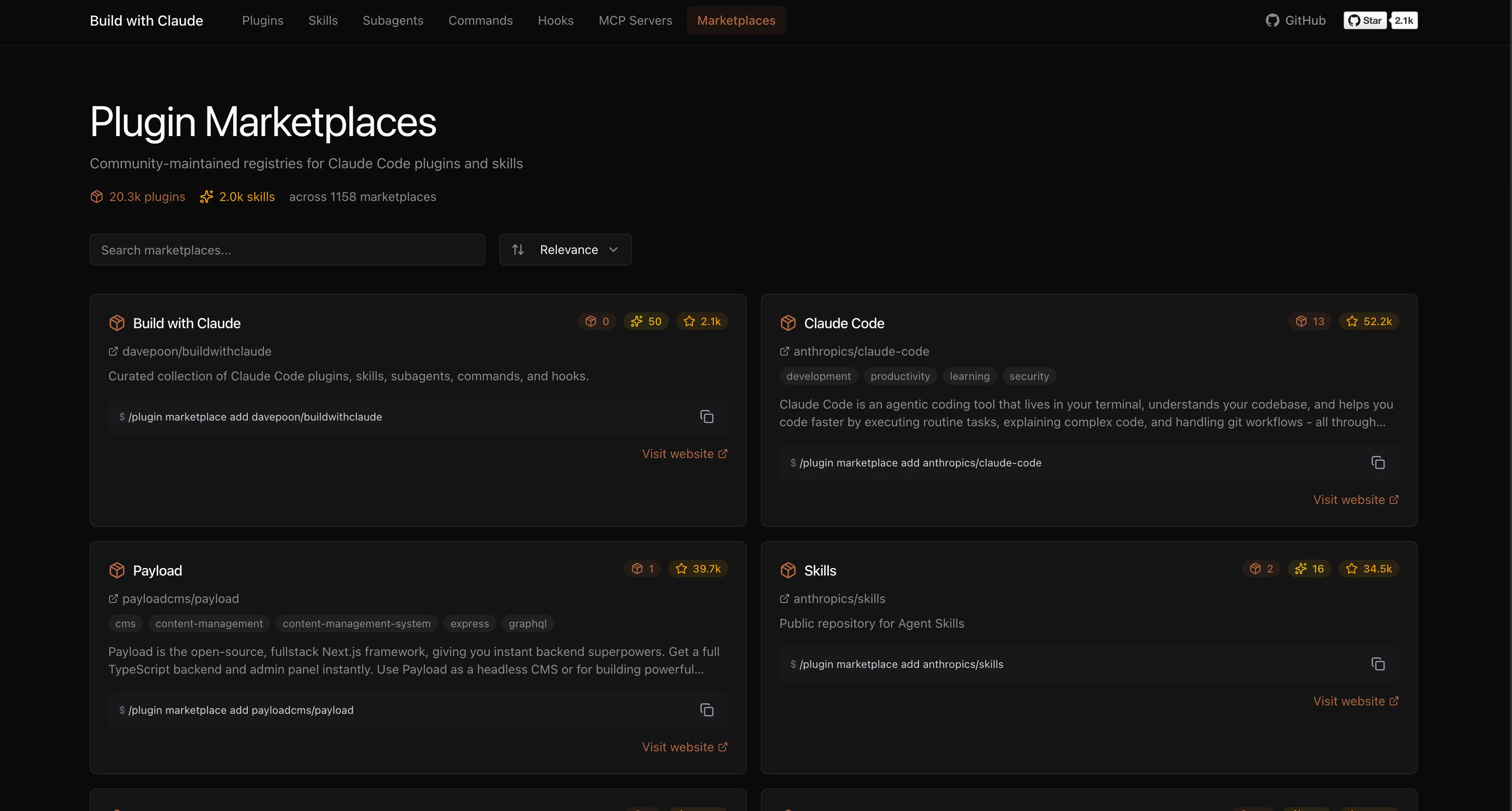 buildwithclaude.comのMarketplace一覧画面