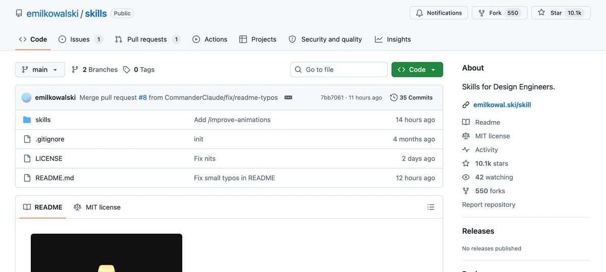 emilkowalski/skills の GitHub 公式リポジトリ画面。Skills for Design Engineers というキャッチと5つのSkillが並ぶ