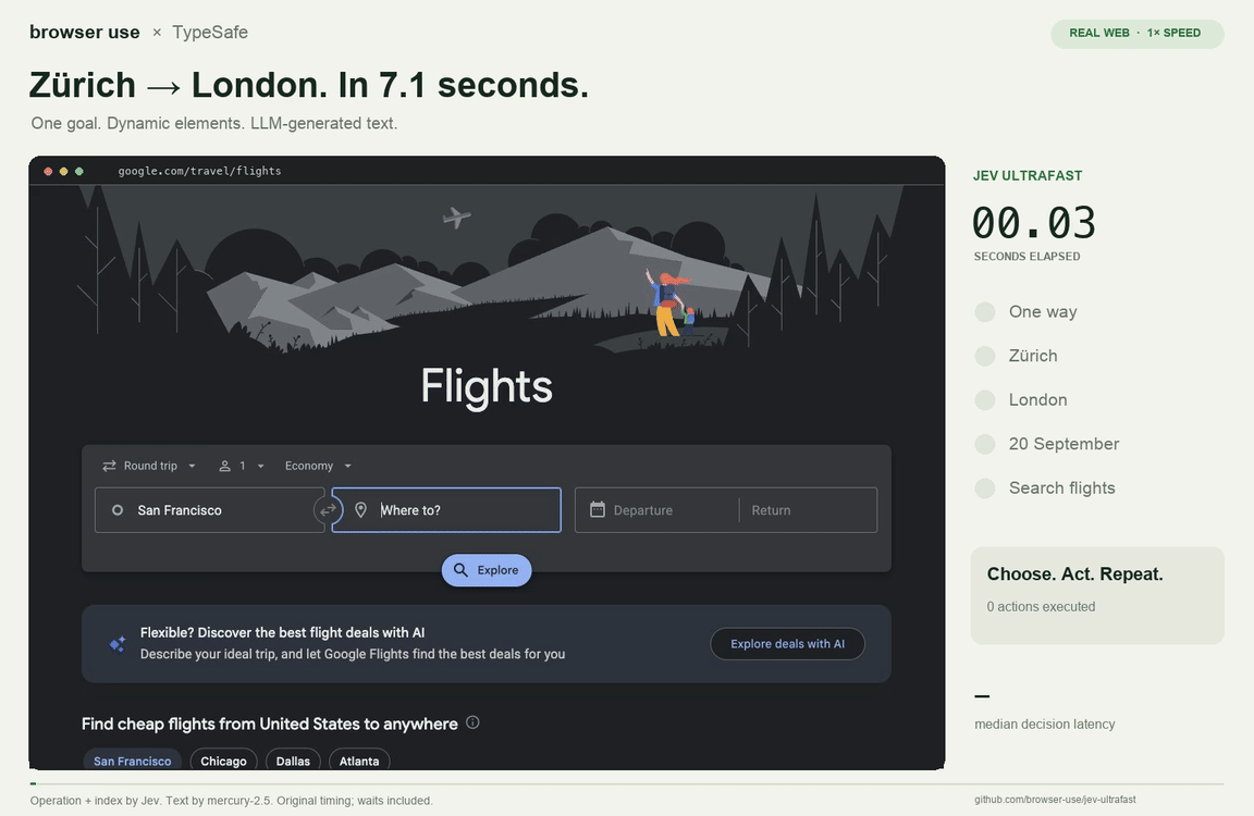 jev-ultrafast の公式デモGIF。Google Flights で出発地と到着地を入力し、フライト検索を完走するまでの画面遷移