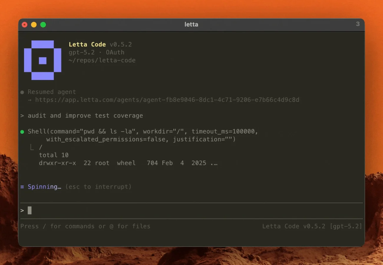 Letta CodeがShellツールでコマンドを実行し、結果を解釈している画面