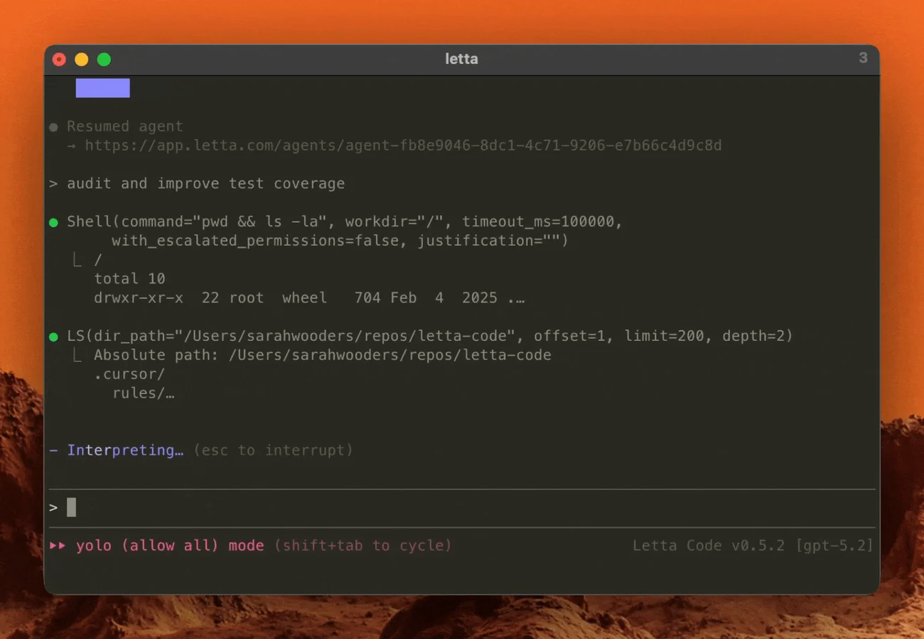 Letta Codeがyolo（allow all）モードでShell・LSツールを実行している画面