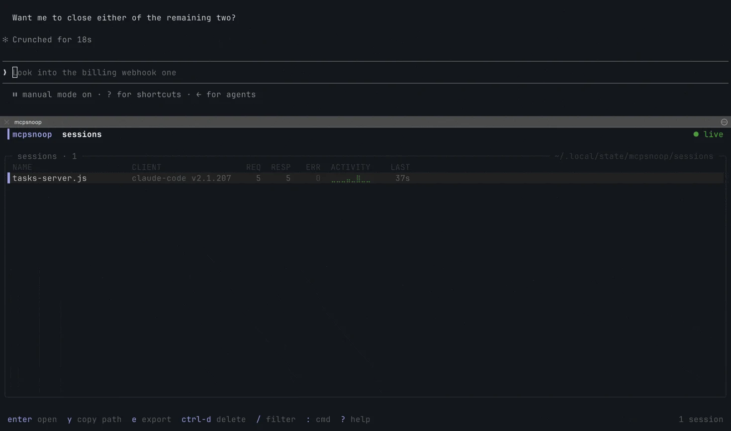 mcpsnoopのセッション一覧：claude-codeクライアントからの接続とREQ/RESP/ERR件数