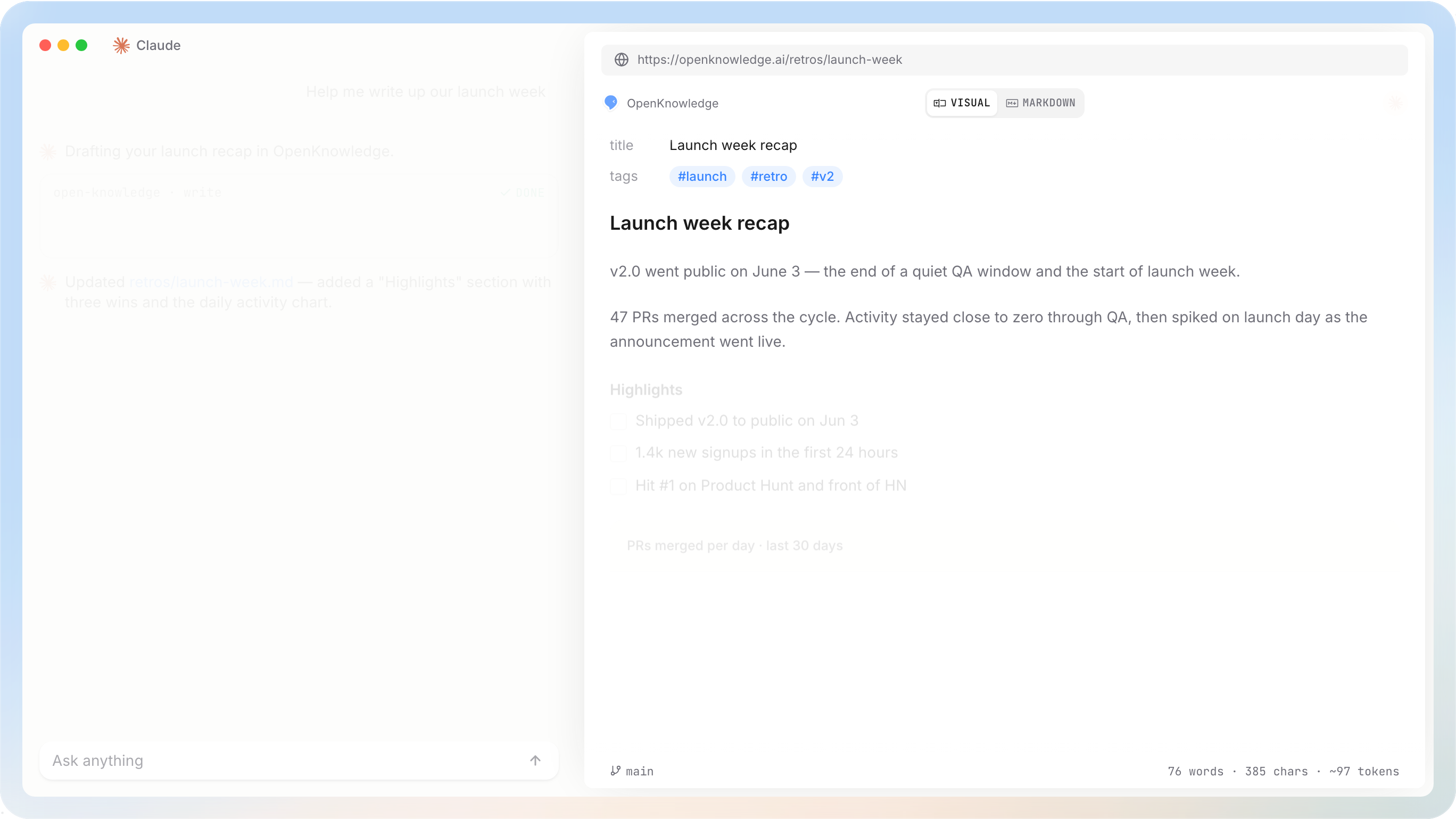 OpenKnowledgeのエディタ画面。左にファイルツリー、中央にMarkdown、右にAIエージェントのパネルが並ぶ