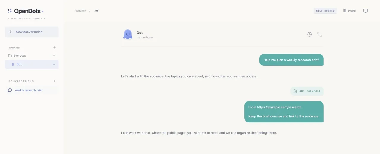 OpenDotsのチャット画面。左にSPACESとCONVERSATIONS、中央にDotとの会話、通話終了のレシートや参照元リンクがタイムラインに並ぶ。右上にSELF-HOSTEDのバッジとPause、下部にScheduled and activityとMemoriesとSettings and setup
