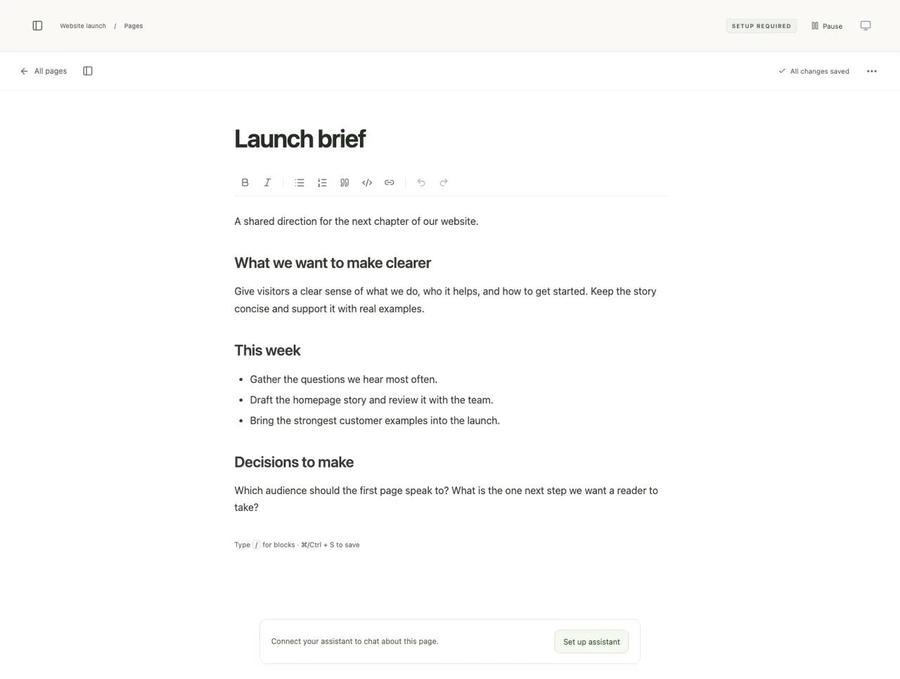 OpenDotsのSpaceワークスペース画面。左サイドバーにSpacesとページのツリー、中央にページ本文のエディタ、入れ子のサブページとして文書を整理できる