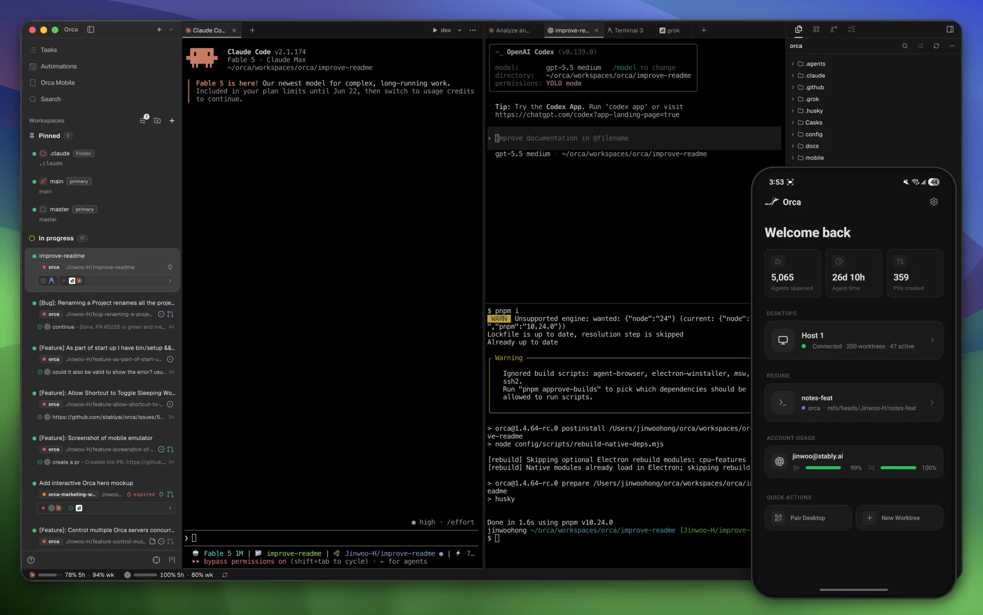 Orcaデスクトップアプリが複数エージェントを並列worktreeで実行し、隅にモバイルcompanionアプリが表示されている様子
