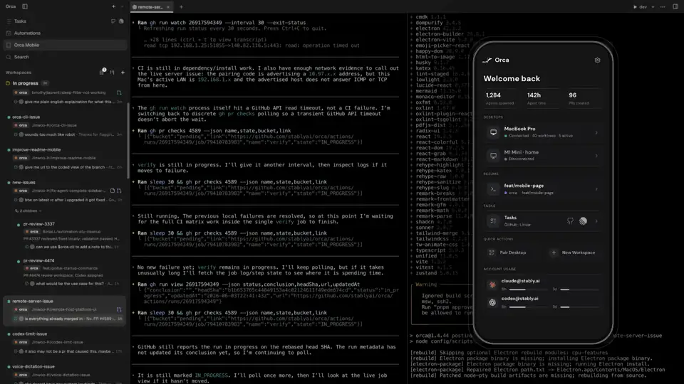 Orcaのモバイルcompanionアプリ。外出先から並列エージェントの進捗を監視する画面