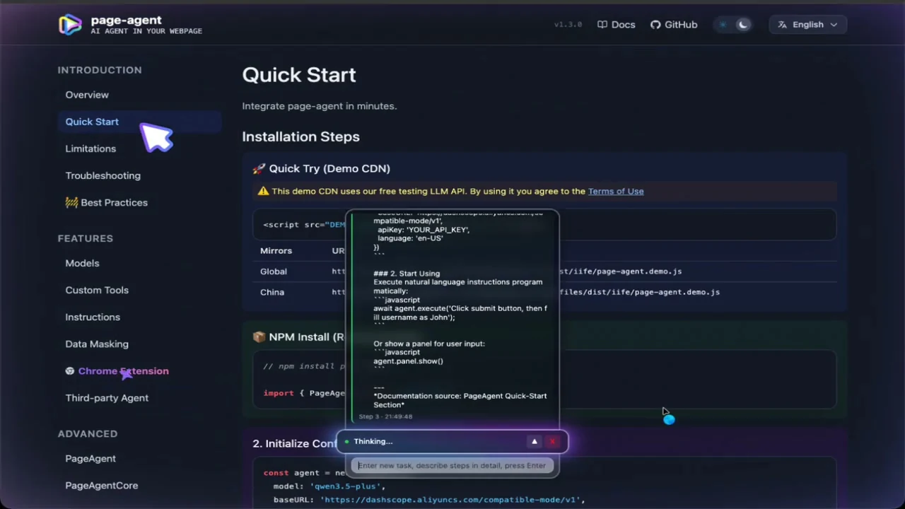page-agentがQuick Startページを読みながら『Thinking…』パネルを表示し、次のタスクを入力する欄が画面下部に出ている様子