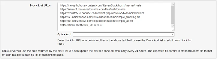 Technitiumのブロックリスト設定画面。StevenBlack/hosts、malwaredomains、abuse.ch、disconnect.meなどのブロックリストURLが登録され、24時間ごとに自動更新される旨が説明されている