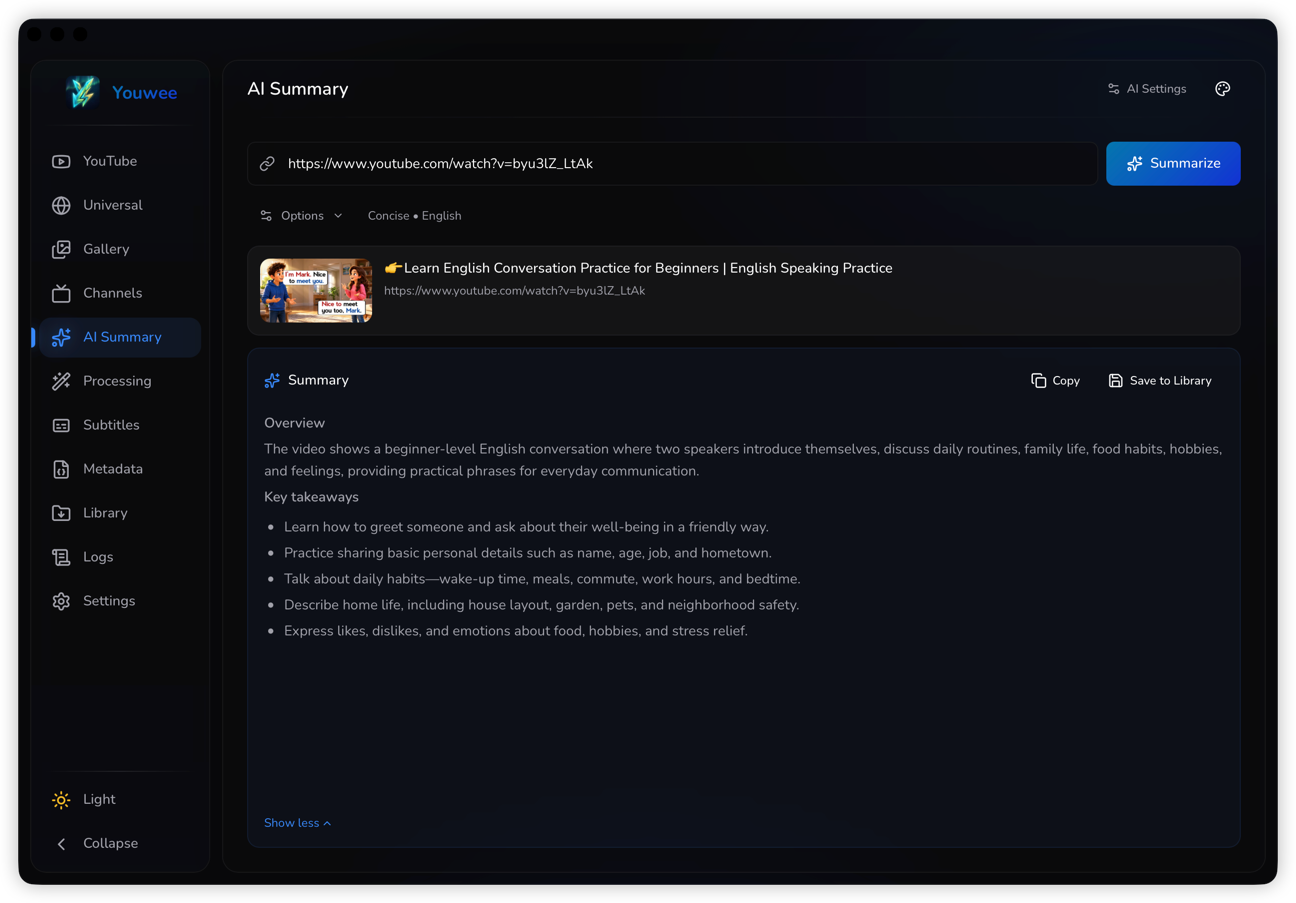YouweeのAI Summary機能。動画URLからOverviewとKey takeawaysを生成