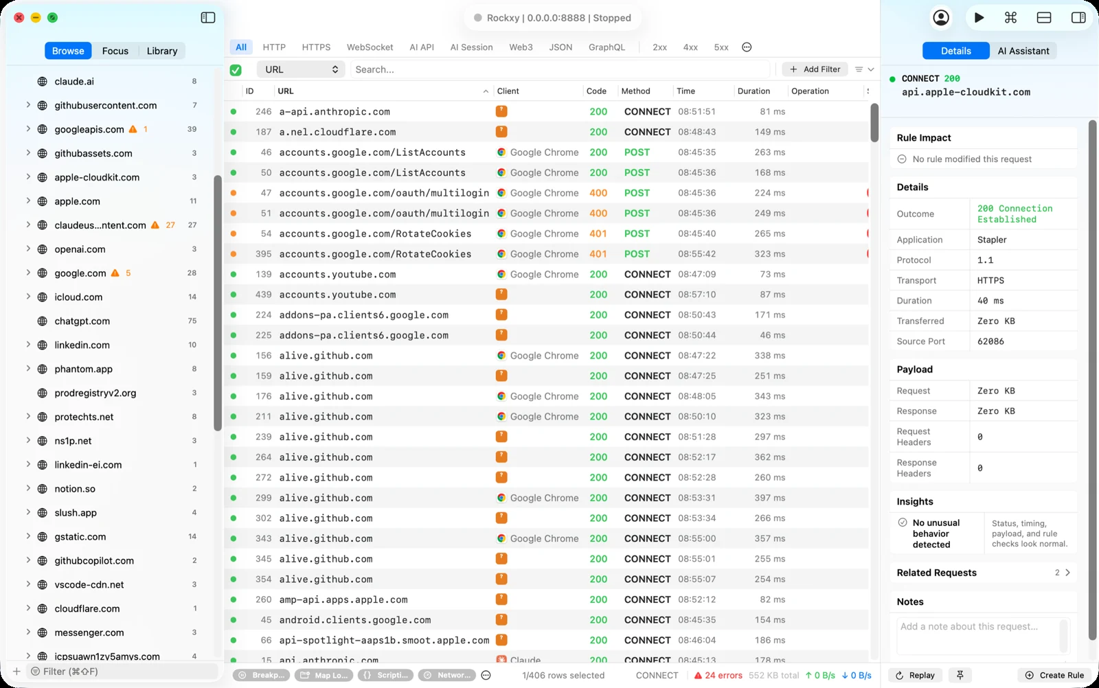 Rockxyがhttp/https/WebSocket/GraphQLトラフィックをタイミングウォーターフォールつきでキャプチャしている画面