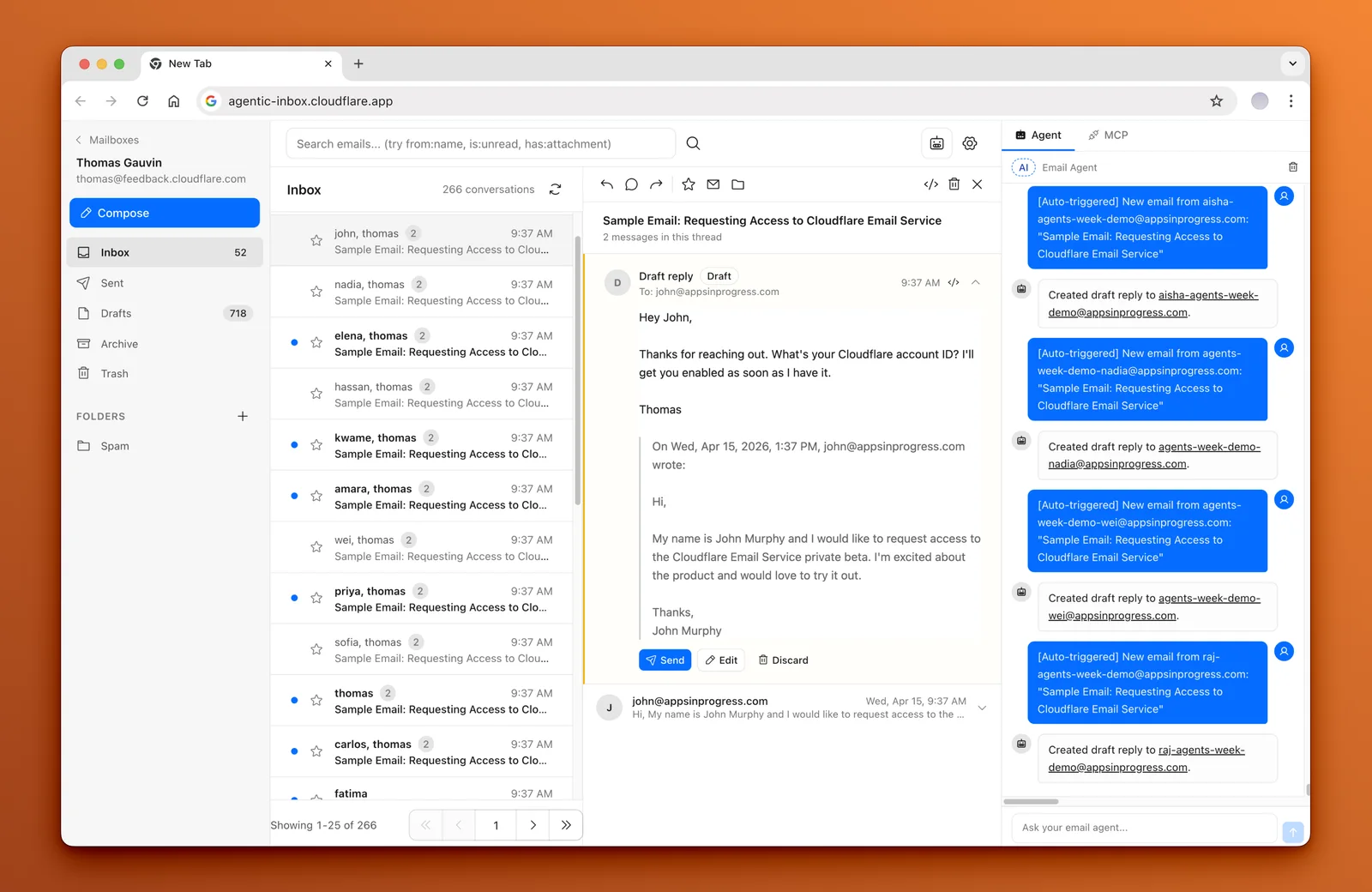 Agentic Inboxの画面。左にメールボックスとフォルダ、中央に受信メールと自動生成された下書き返信（Send / Edit / Discardボタン）、右にEmail Agentのパネルで「[Auto-triggered] New email from …」と「Created draft reply to …」が並ぶ