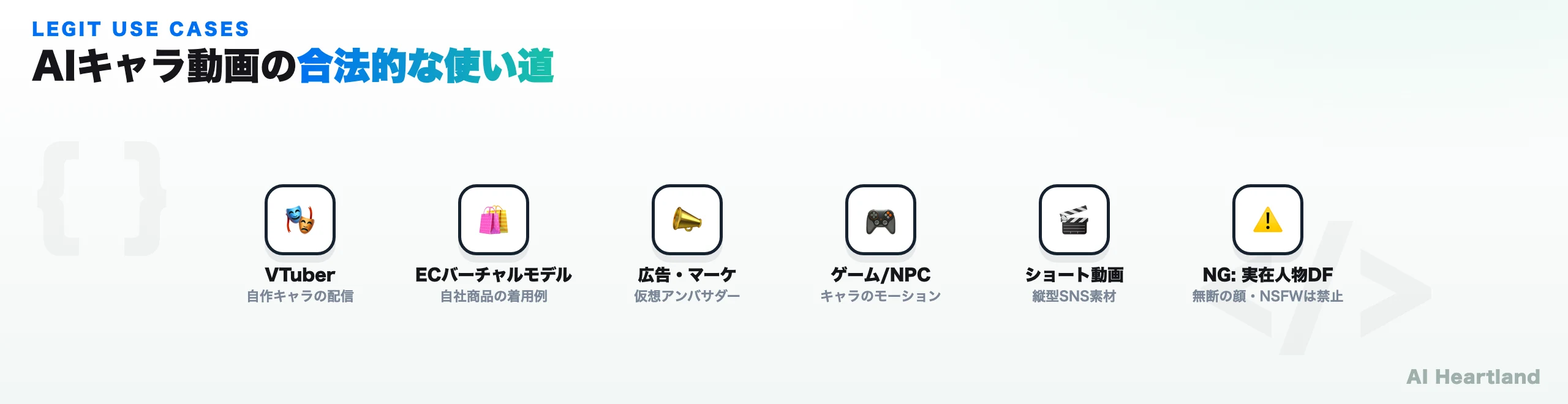 AIキャラクター動画の合法的な使い道。VTuber、ECバーチャルモデル、広告・マーケの仮想アンバサダー、ゲーム/NPC、ショート動画素材。NGは実在人物のディープフェイクや無断の顔・NSFW