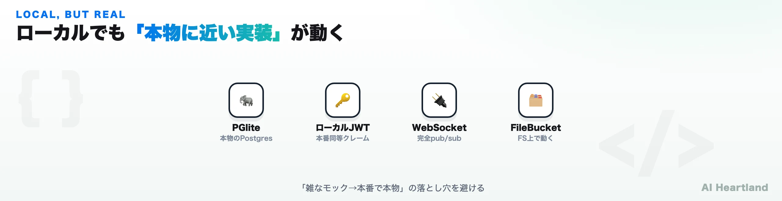 AWS Blocksのローカル実装：PGliteの本物Postgres、本番同等クレームのローカルJWT、完全pub/subのWebSocket、ファイルシステム上のFileBucket