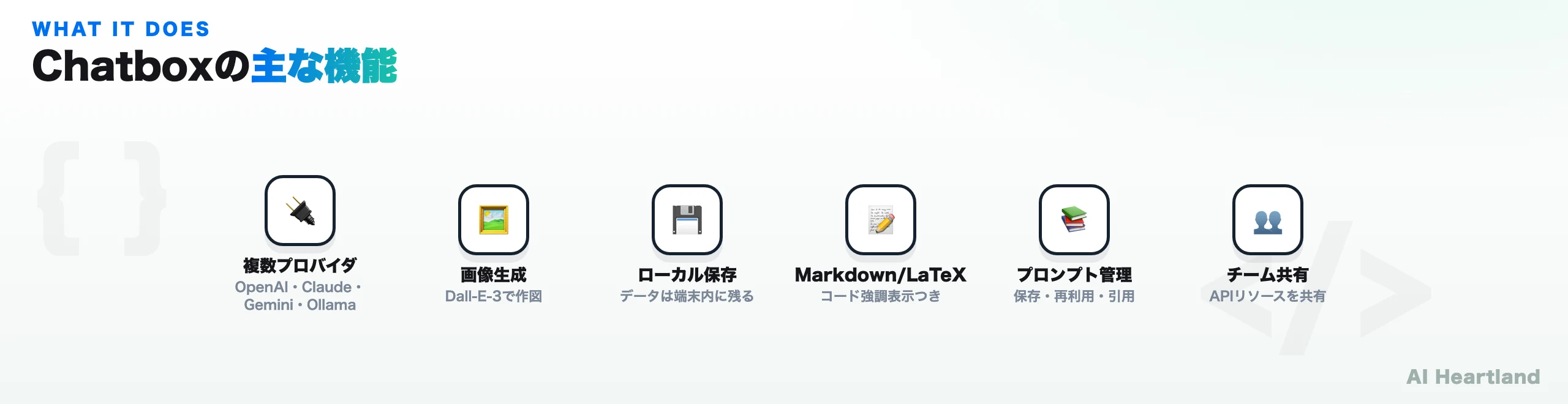 Chatboxの主な機能。複数プロバイダ対応、Dall-E-3画像生成、ローカル保存、Markdown/LaTeX、プロンプト管理、チーム共有