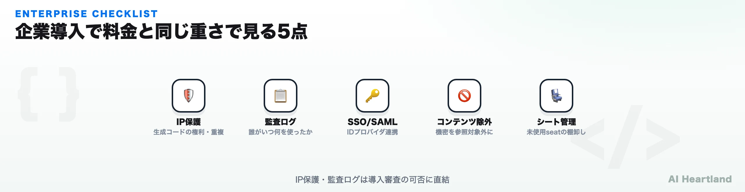 企業導入チェック：IP保護・監査ログ・SSO/SAML・コンテンツ除外・シート管理