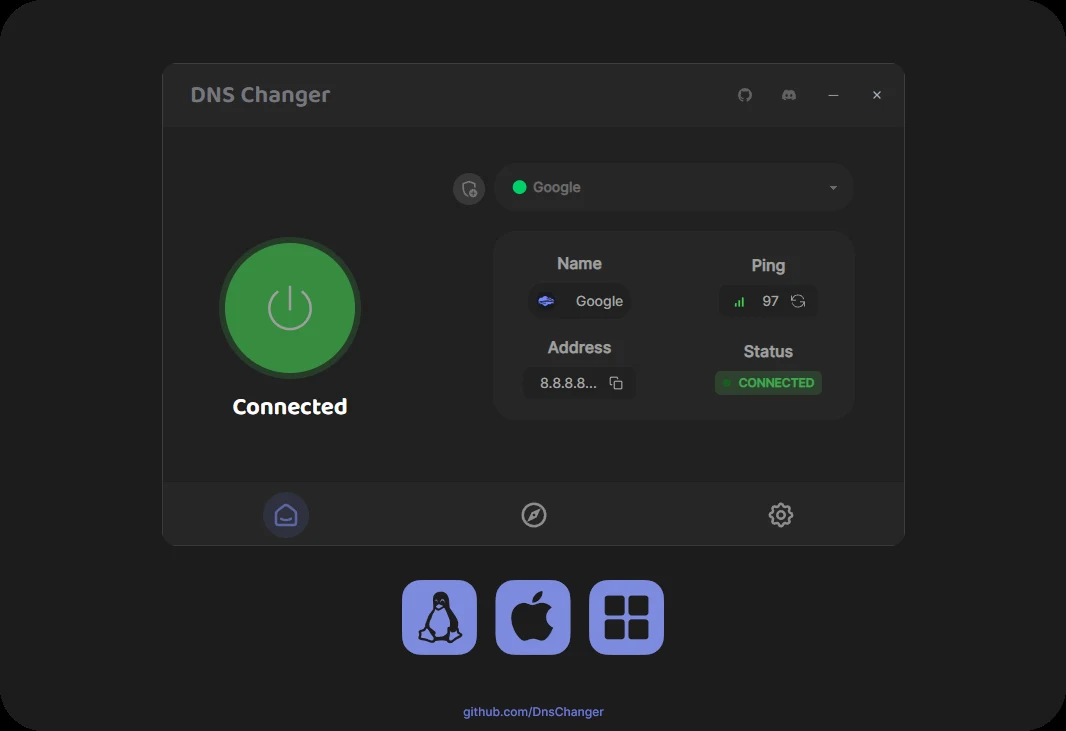 DnsChangerのアプリ画面。中央に大きな緑の接続ボタン（Connected）、上部にDNS選択ドロップダウン（Google）、右側にName・Address（8.8.8.8）・Ping（97）・Status（CONNECTED）、下部にWin/Mac/Linux対応アイコン