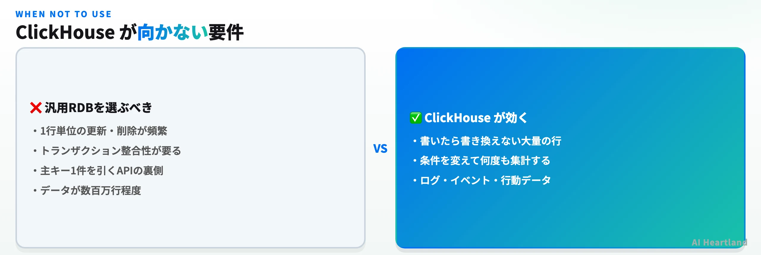 ClickHouseが向く要件と向かない要件を対比した図