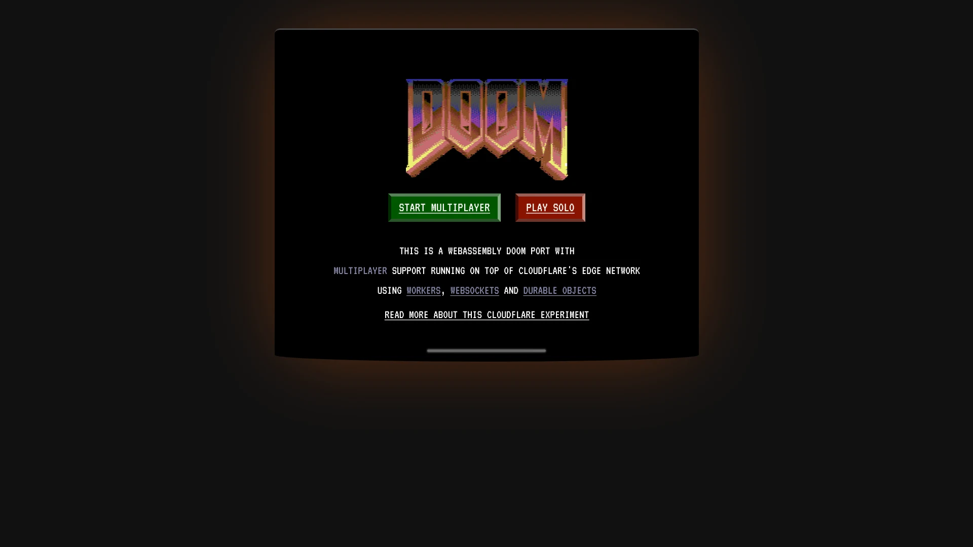 Kitesurfがレンダリングしたsilentspacemarine.comのタイトル画面。DOOMのロゴ、START MULTIPLAYERとPLAY SOLOのボタン、CRT風の周辺光が描画されている