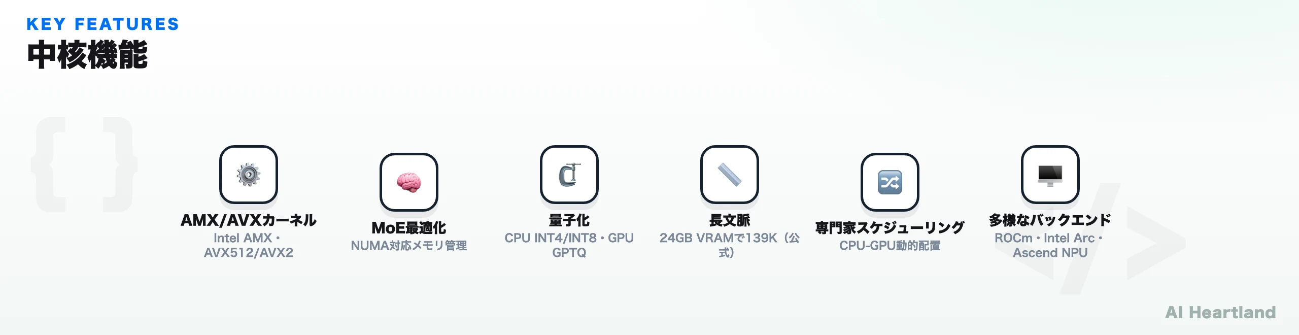 KTransformersの中核機能。AMX/AVXカーネル、MoE最適化、量子化、長文脈、CPU-GPU専門家スケジューリング、複数バックエンド対応
