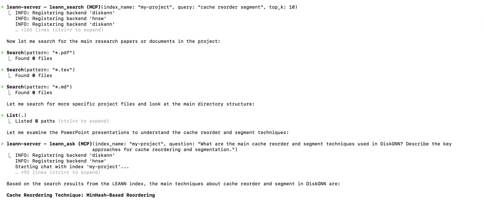 Claude CodeのセッションでLEANNのMCPツール leann_search と leann_ask が呼び出され、プロジェクト内をセマンティック検索している実際のログ