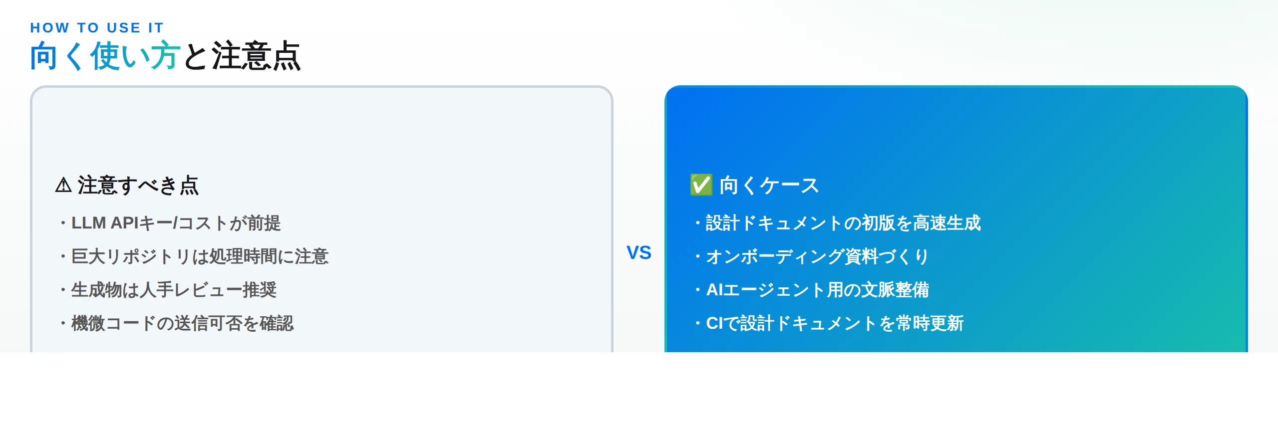 Lithoの向く使い方と注意点：初版生成・オンボ資料に向く一方、LLMコスト・人手レビュー・機微コードに注意