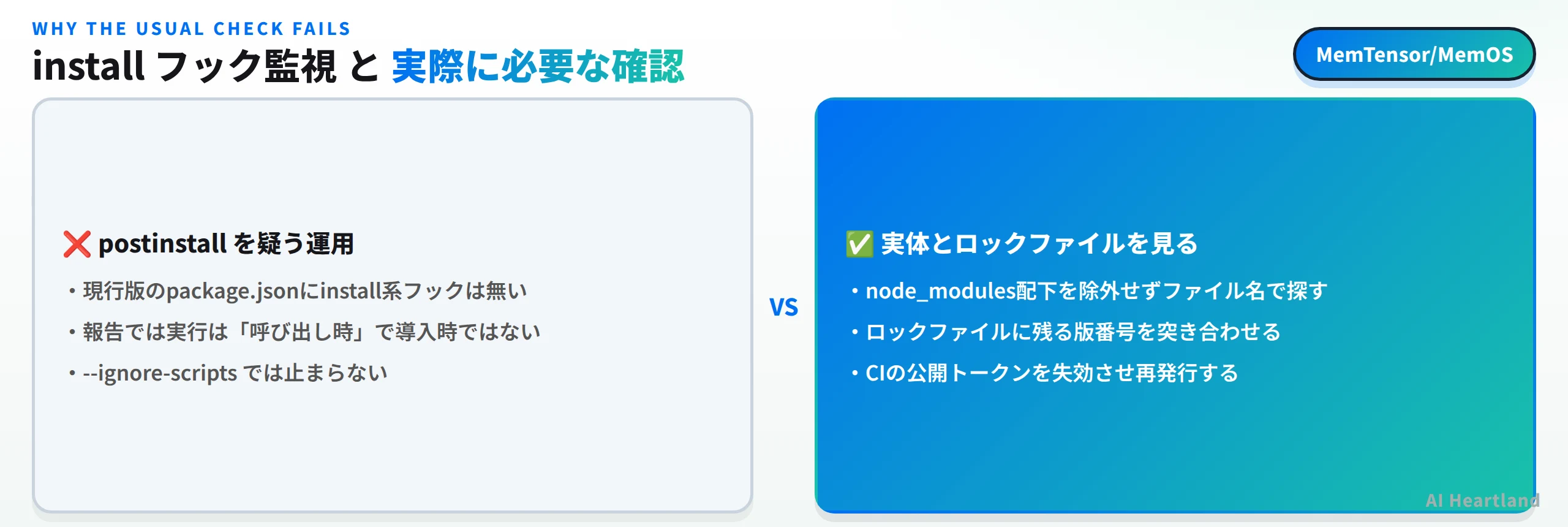 installフック監視では止まらない理由の比較：現行版のpackage.jsonにinstall系フックは無く、報告では実行は呼び出し時で導入時ではなく、--ignore-scriptsでは止まらない。必要なのはnode_modulesを除外しないファイル名検索、ロックファイルの版番号突き合わせ、CI公開トークンの失効と再発行