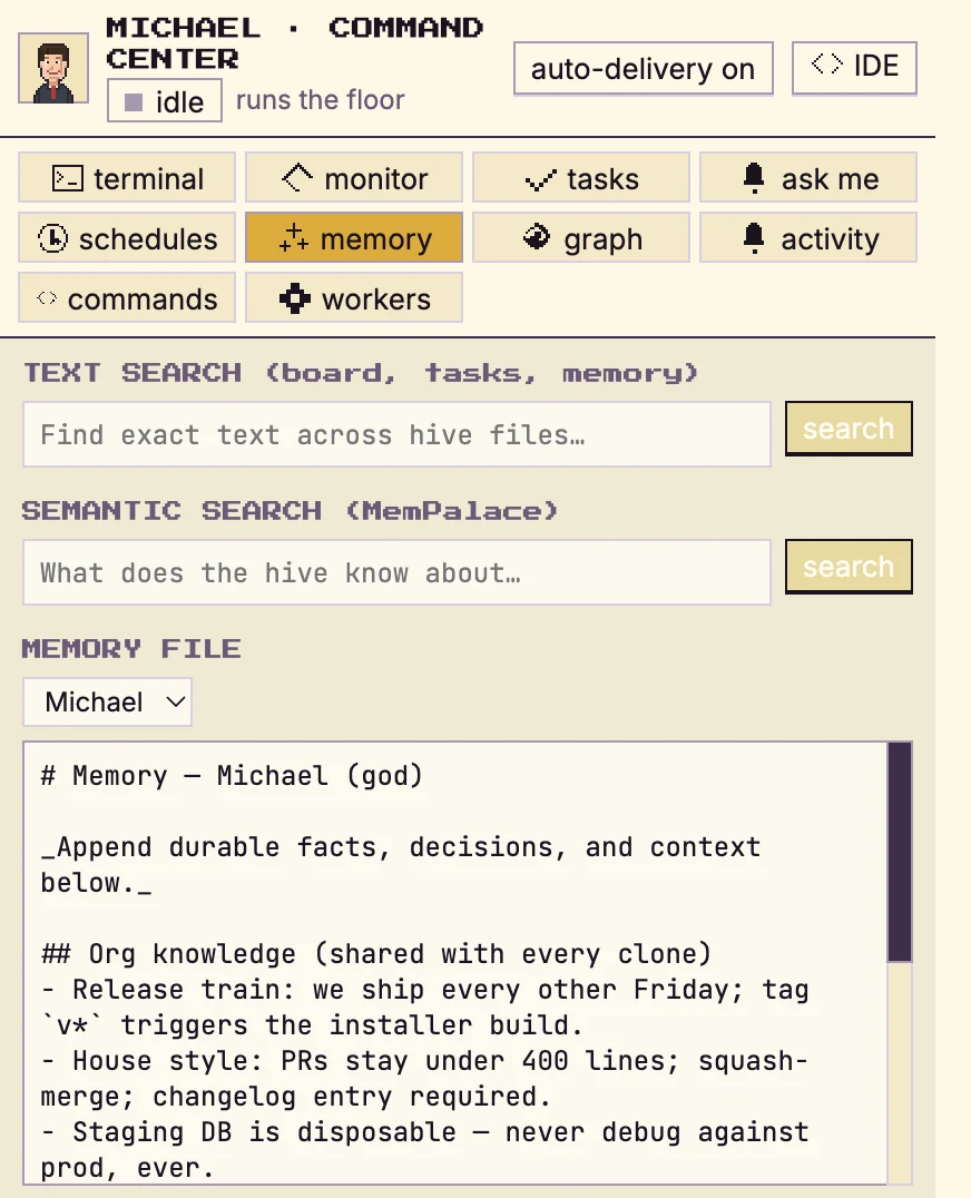 Munder Difflinのメモリ検索画面。全エージェントのmarkdownメモリを横断して検索した結果が一覧表示されている