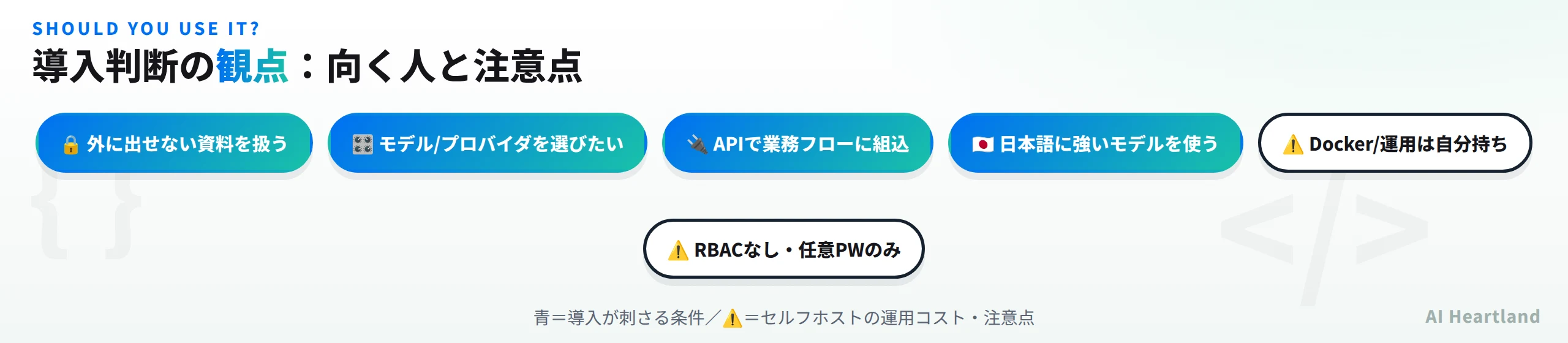 Open Notebookの導入判断の観点：外に出せない資料・モデル選択・API組込・日本語モデルが刺さる条件、Docker運用やRBACなしが注意点