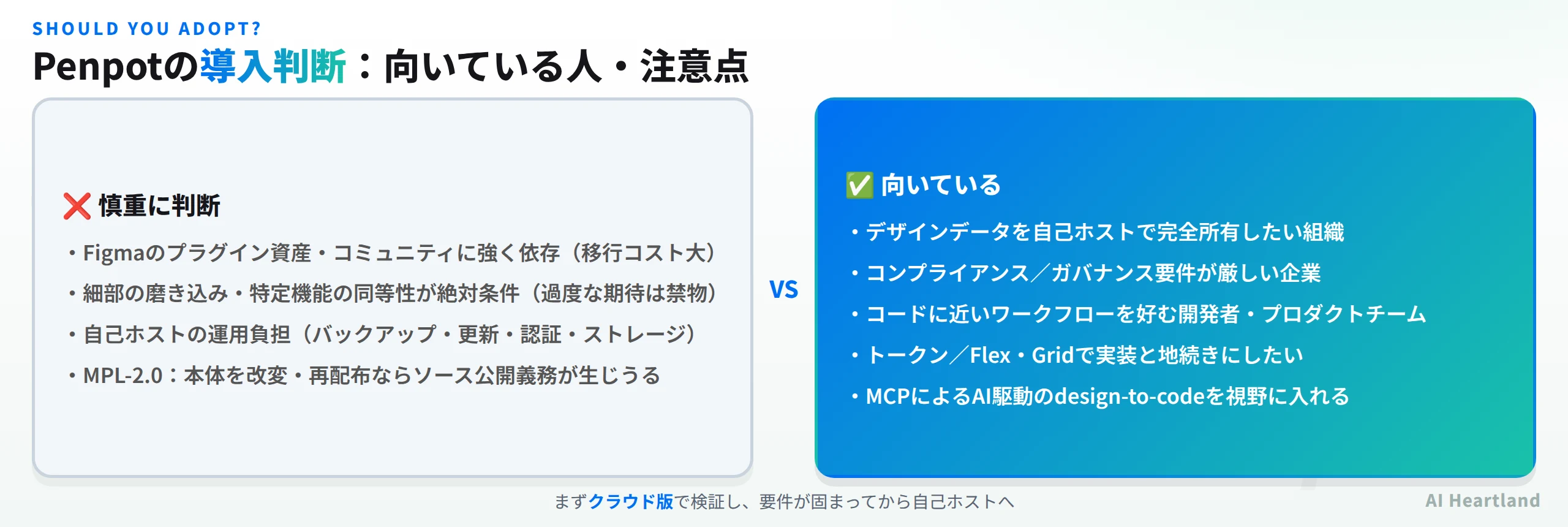 Penpotが向いている人と、自己ホストの運用コストなど慎重に判断すべき注意点の比較