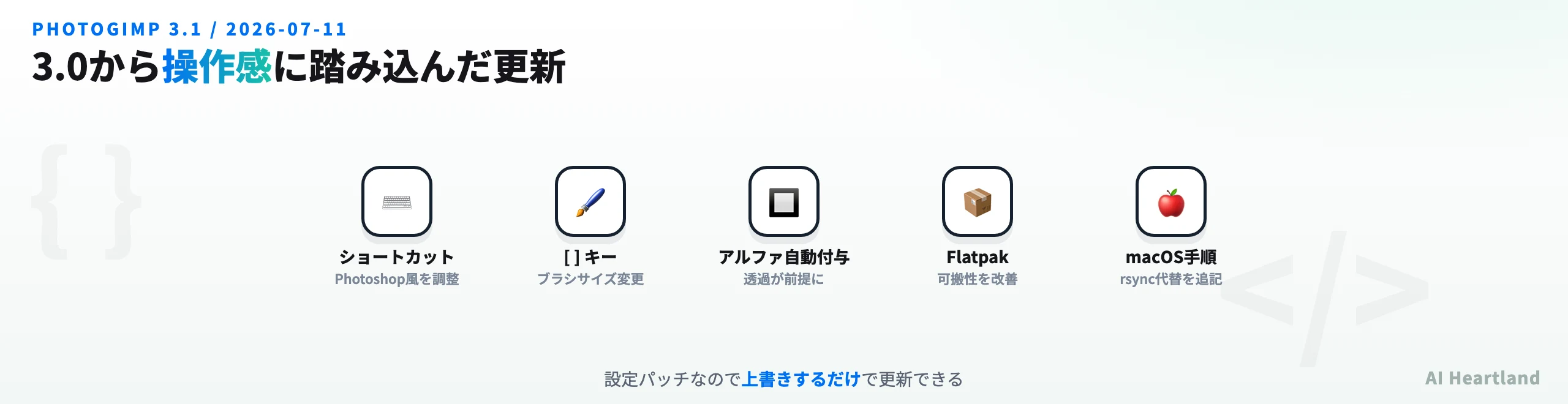 PhotoGIMP 3.1の主な変更。Photoshop風ショートカットの調整、ブラケットキーでのブラシサイズ変更、アルファチャンネル自動付与、Flatpak可搬性改善、macOSインストール手順のrsync代替追記