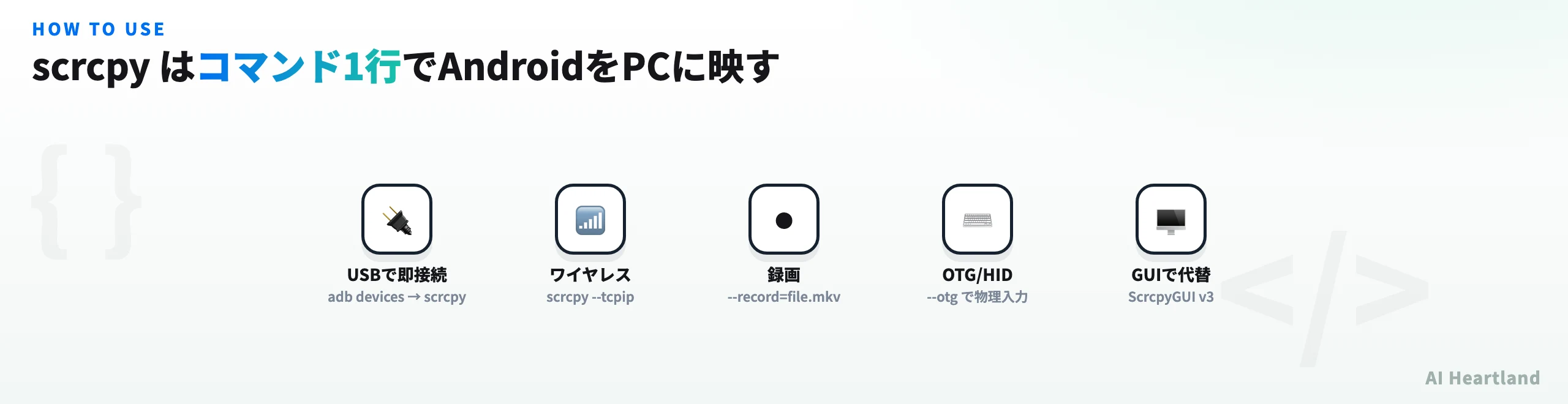 scrcpyの主要な使い方（USB接続・ワイヤレス接続・録画・OTG・GUI代替）の一覧図