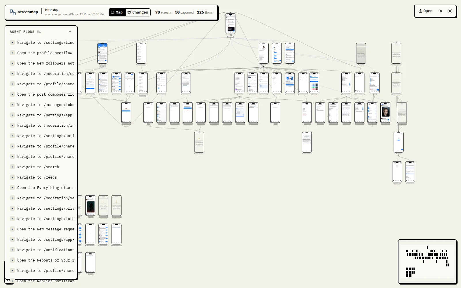 screenmapのMap Viewerでデモ地図（Bluesky・70画面・126フロー）を開いた画面。画面ごとのスクリーンショットがカードとして並び、ルート同士が線で結ばれている。左にAIが記録した54本のフロー一覧